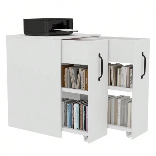 =N880P313969W Small Bookcase With Wheels 52x50x75cm – With Shelves And Drawers, Reversible Left/Right Configuration, Single Element Fully Extendable, With Fall Protection, Bedside Table - 白色 - 查看 1