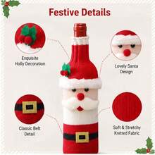 Christmas Holiday Table Decor Style, Knitted Santa Wine Bottle Cover, Festive Red Wine Champagne Bottle Sleeve, Xmas Table Scene Layout Ornament For Restaurant Home Dinner Party Decor, - View 3