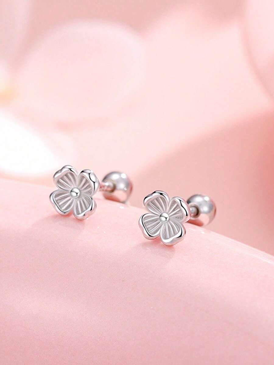 1pc S925 Sterling Silver Flower Star Moon Engraved Stud Earring, Small Fashionable Unique Versatile Nose Jewelry - Single - View 1