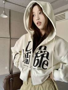 Women's Letter Print Drawstring Hooded Zip-Up Casual Everyday Long Sleeve Sweatshirt - Apricot - View 3