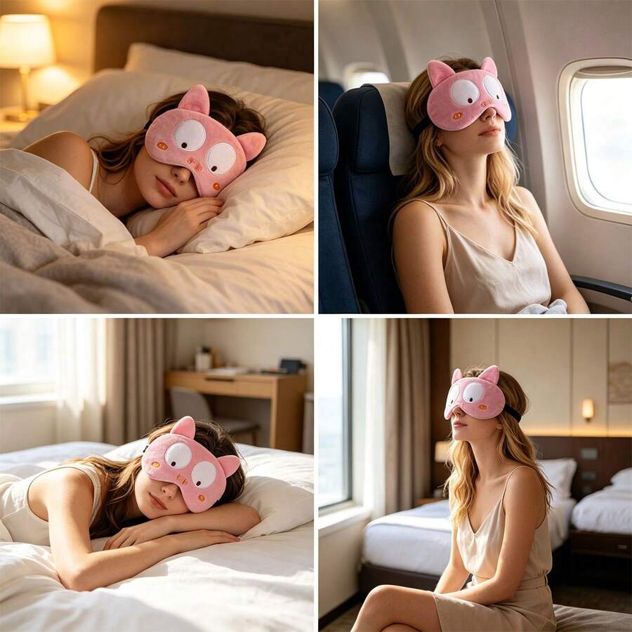 1pc Cute Cat Face Sleep Eye Mask, Soft Plush Cartoon Blindfold For Sleeping, Adorable Pink Blackout Eye Cover For Women, Travel Nap Relaxation Gift - KC Embroidery Style - View 1