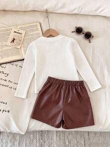 Young Girls' Fashion Cute 3D Bow Ruffle Trim Top And Stylish Studded PU Skort Set - White - View 2