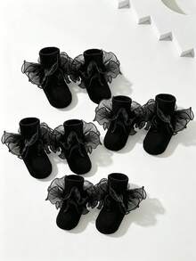 4 Pairs Girls Solid Color Ruffle Decor Cute Daily Wear Ankle Socks, Black Basic Daily School Outfit, Back To School Season Matching School Uniform - Black - View 3