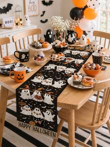 1件黑色可愛白色幽靈圖案亞麻桌旗，印有Happy Halloween字樣，恐怖又可愛的餐桌居家裝飾，萬聖節派對用品，秋季節慶裝飾 - A - 查看 8