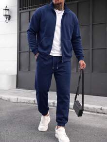 Solid Color Stand Collar Full Zip Jacket And Cuffed Sweatpants 2 Pieces Set Men's Casual Sports Outfit - Navy Blue - View 1