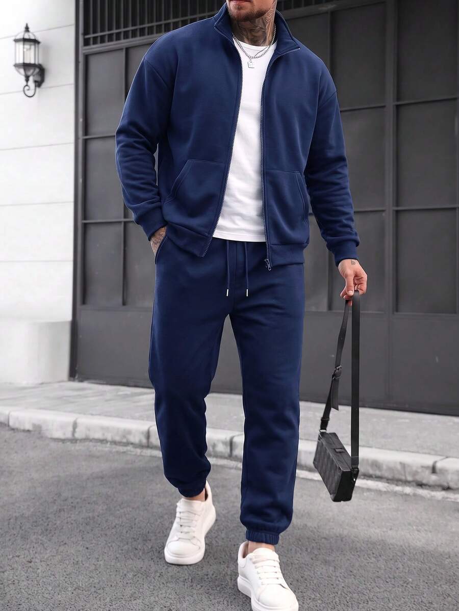 Solid Color Stand Collar Full Zip Jacket And Cuffed Sweatpants 2 Pieces Set Men's Casual Sports Outfit - Navy Blue - View 1