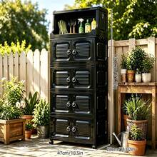 GOLDSNAKE 47 Cm / 18.5 Inch Wide Outdoor Cabinet With Open Storage Compartment On Top, Stackable Water-Resistant Garden Cabinet With Double Doors, Foldable Modular Storage Unit For Garden, Yard, Balcony And Garden Tools - Black - View 12