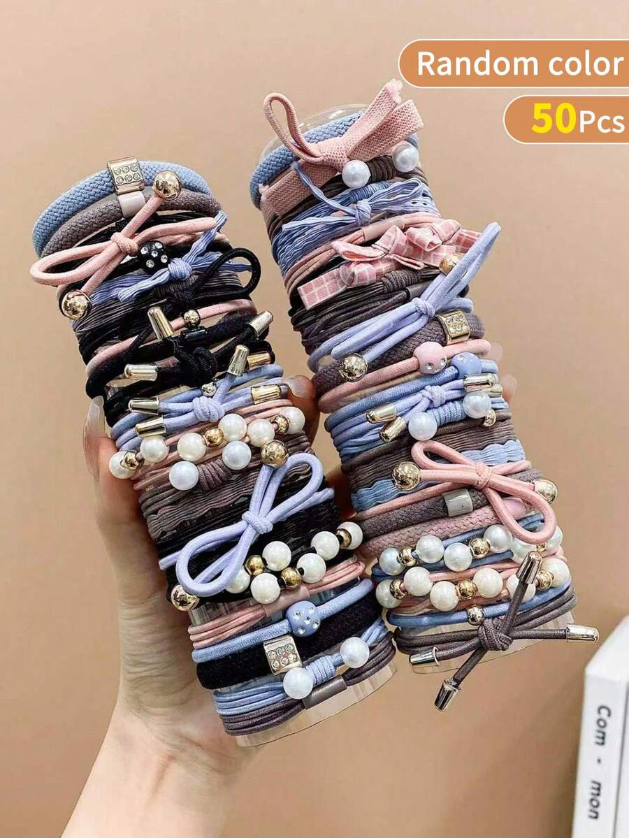 50入隨機配色高彈性極簡風仿珍珠時尚髮圈 女孩適用 - 彩色 - 查看 1