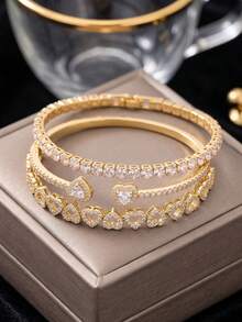 1 Set Fashion Heart Hollow Women's Bracelet 3 Pieces Set, Gold-Plated Glamorous Shiny Jewelry, Versatile Accessory For Party, Travel, Anniversary, Birthday Gift For Girlfriend - Jewelry Set - View 2