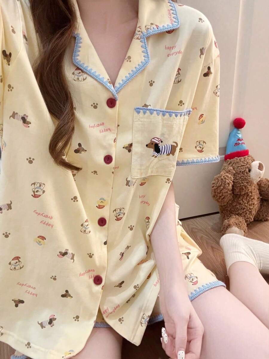2pcs/Set Women's Pajamas Homewear Set, Lapel Cardigan Cute Animal Print Short Sleeve Shorts, Comfortable For Home - Yellow - View 1