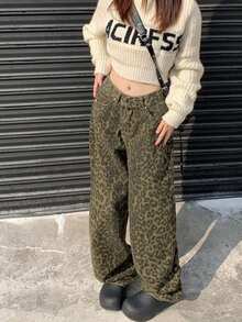Women's American Style Leopard Print Wide Leg Jeans, Spring/Autumn Design, High Waist Slimming Height-Enhancing Loose Straight Leg Denim Pants, - Picture Color - View 4
