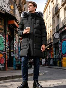 Men's Black Winter Casual Date Long Sleeve Pocket Design Hooded Parka With Fur Collar,Oversized Plus Size Warm Outerwear Jacket Coat Clothes - Black - View 3