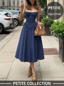 Soulscape Women's Petite Elegant Sexy Solid Color Spaghetti Strap Dress, Tailored Design Flatters Figure Summer - Navy Blue - View 3