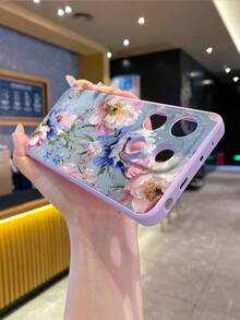1 pieza Funda de teléfono de moda con pintura al óleo pura de Android, patrón de elementos florales azul & rosa, borde púrpura, anti-caída, anti-choque, protección completa de lente, alta moda, adecuada para hombres & mujeres, opción ideal para entusiastas de la moda, minimalista & elegante, compatible con Samsung/VivoY20/Y21/Y03/HONOR X8/X8B/X7A/X5/X9B/X9A - Morado - Ver 3