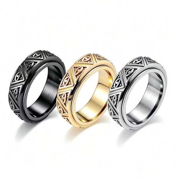 Vintage Triangle All-Seeing Eye Stainless Steel Rotating Ring, Black Gold Silver Three Colors Optional, Embossed Distressed Texture Strong Atmosphere, Hypoallergenic Waterproof Fade-Resistant, Stress Relief Rotating Design, Unisex Street Hip-Hop Style, Men's Accessory, Gift Ring