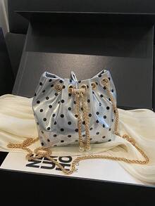 Mini New Fashion Straw Woven Gold Chain Drawstring Bucket Bag Beach Bag - Silver - View 8