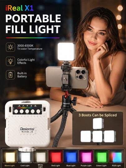 Lampu Pengisi Ponsel IReal X1, Lampu Saku Portabel untuk Pemotretan Luar Ruangan, Lampu Fotografi Selfie Luar Ruangan, Lampu Fotografi Kamera DSLR, Lampu Pengisi Warna Penuh RGB/LED untuk Live Streaming