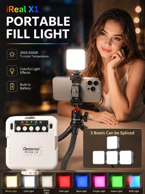 IReal X1 手機補光燈，便攜式戶外拍攝口袋燈，自拍戶外攝影燈，DSLR 相機攝影燈，RGB/LED 全彩直播補光燈