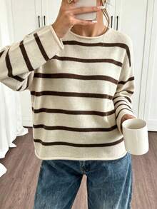 Women's Early Autumn Contrast Striped Sweater, Round Neck Dropped Shoulder Loose Fit, Soft Knit Pullover Top, Casual Commute Daily Wear - Camel - View 7