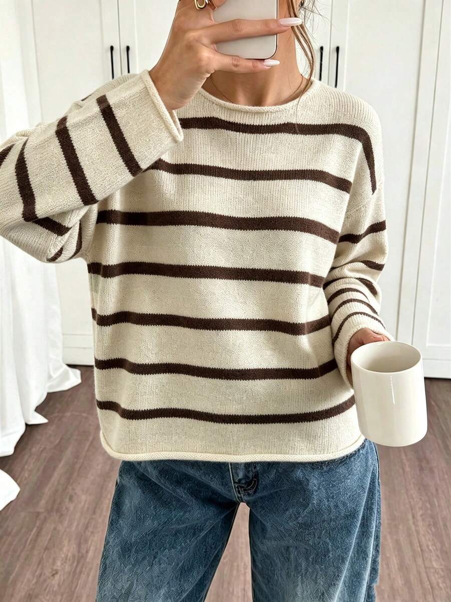 Women's Early Autumn Contrast Striped Sweater, Round Neck Dropped Shoulder Loose Fit, Soft Knit Pullover Top, Casual Commute Daily Wear - Camel - View 1