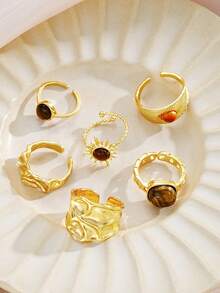 6pcs Fashion Elegant Sophisticated Casual Vintage Old Money Style Sun Cat Eye Stone Geometric Pattern Ring Set For Men, Suitable For Vacation, Party, Date, Travel And Daily Wear - Yellow Gold - View 6