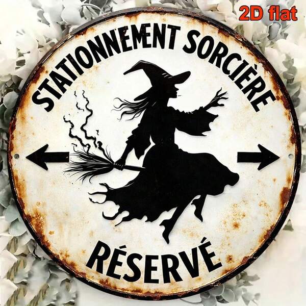 1pc 20x20cm 2D Flat Round Metal Sign, Vintage Iron Plaque With "Witch Flying" Design, "Witch Parking Space" Decorative Sign, Suitable For "Halloween Party", Pre-Drilled Holes As Shown In Size Chart