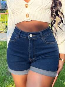 Women's Casual Cuffed Pocket All-Match Denim Shorts, Versatile For Daily Wear - Dark Wash - View 3