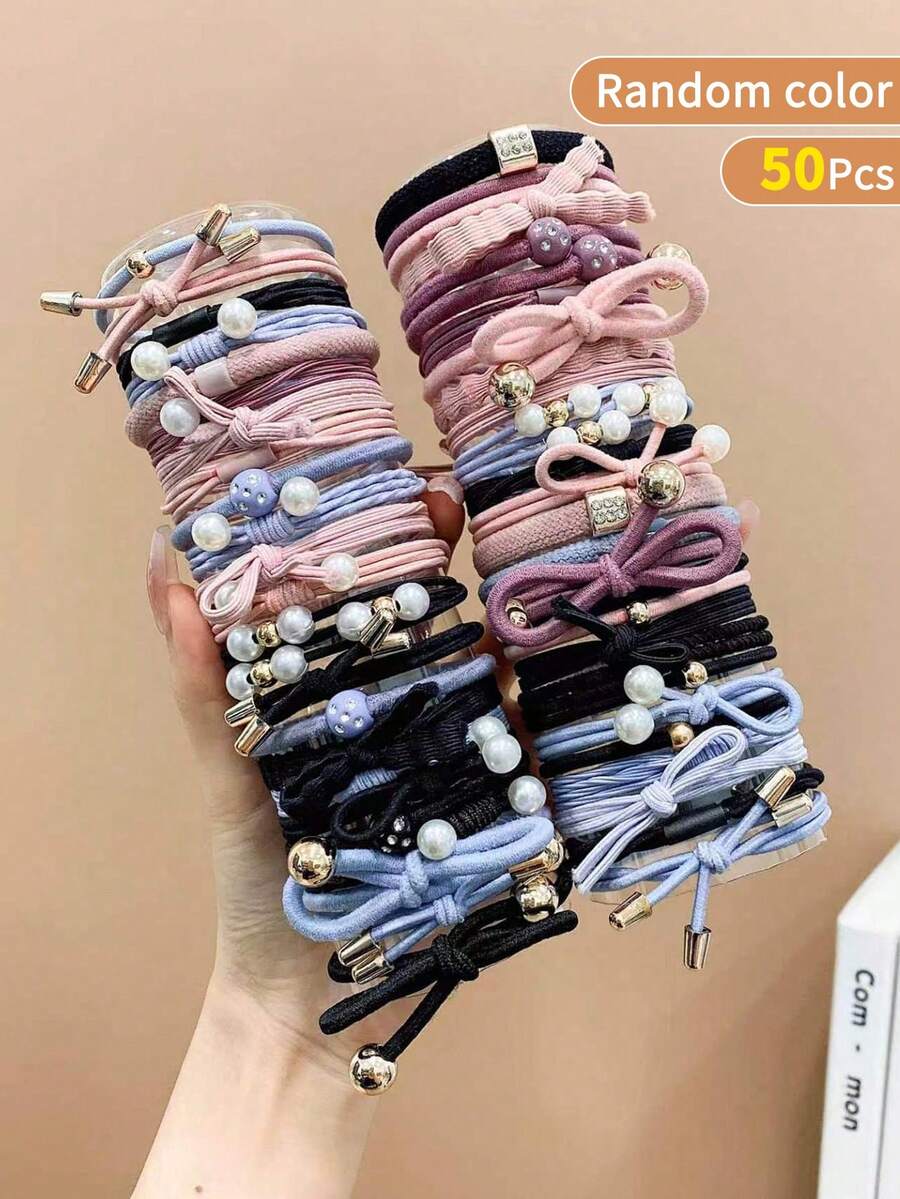50pcs Random Color High Elasticity Minimalist Faux Pearl Fashion Hair Ties For Girl - Multicolor - View 1