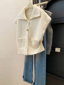 Chaleco de punto sin mangas con botones delanteros para mujer, top cómodo de estilo urbano, adecuado para Halloween, Acción de Gracias, Navidad, otoño/invierno - Blanco - Ver 7