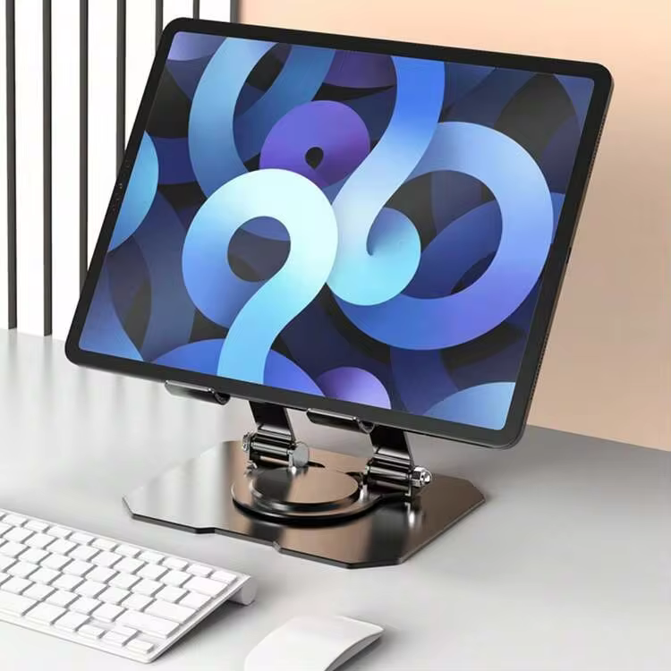 1PC Black Metal Tablet Stand Compatible With IPad And Phone 4-13in Carbon Steel Hollow Heat Dissipation Dual Axis Support Stand Square Base 360° Rotation - View 2