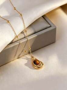 1pc 18K Stainless Steel Asymmetric Teardrop Tiger Eye Stone Pendant Necklace, Suitable As Mother's Day Gift - Gold - View 2