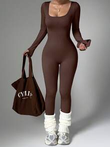 Seamless Shaping Jumpsuit - Ribbed Design & Tummy Control For Yoga, Running, Daily Wear - Coffee Brown - View 5