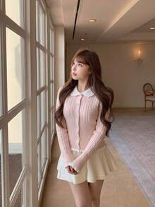 Korean Style INS Girl Peter Pan Collar Soft Knit Cardigan Women Spring Autumn Slim Fit Flattering Versatile Short Sweater - Pink - View 3