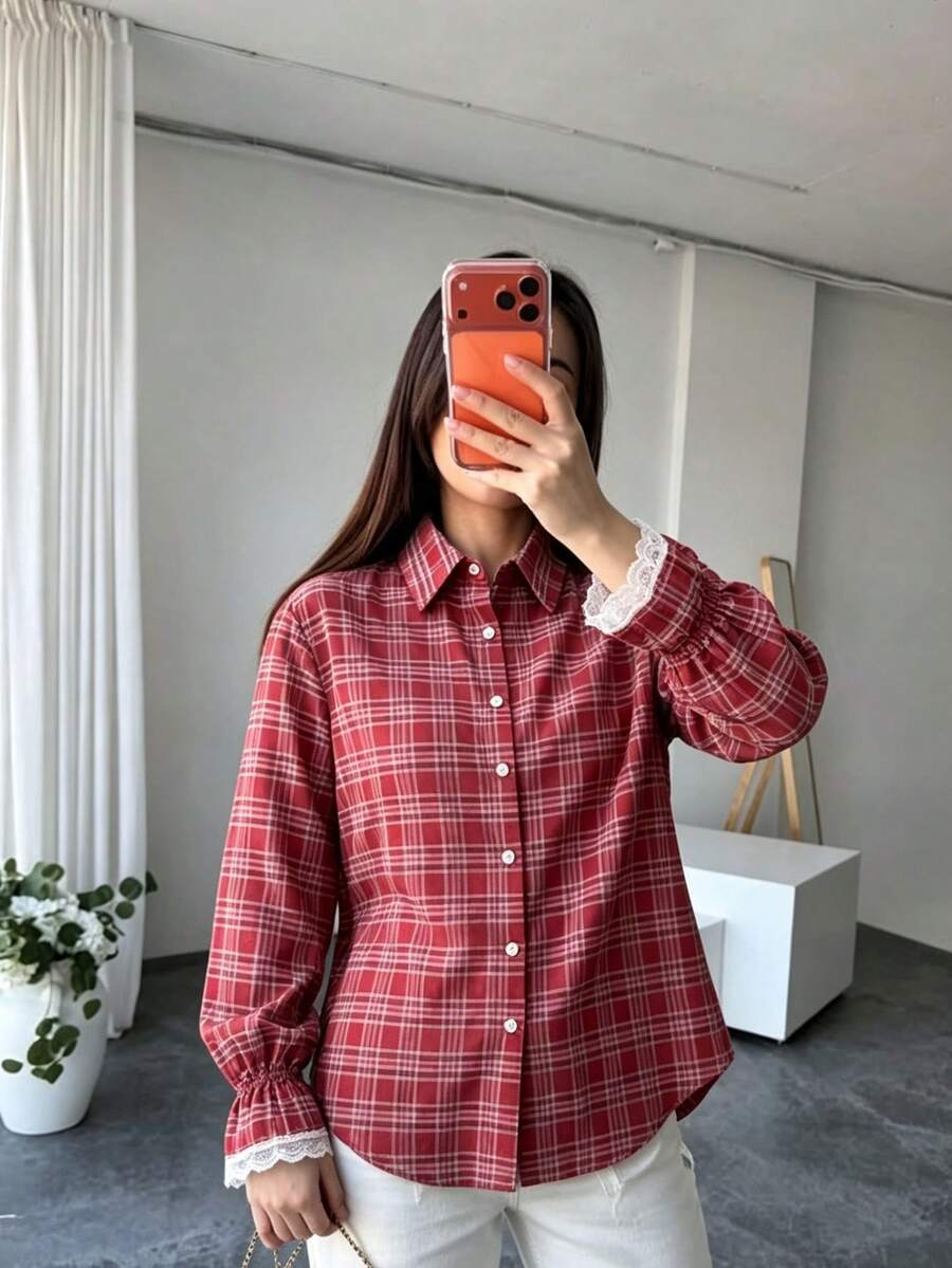Unique Twist On Classic: Feminine Plaid Shirt With Ruffled Lace Cuffs, Loose Fit For Effortless Chic - Multicolor - View 1