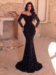 Faeriesty Elegant Open Shoulder Sequin Decor Sheer Sleeve Mermaid Evening Gown - Fall Wedding Party Black - Black - View 8