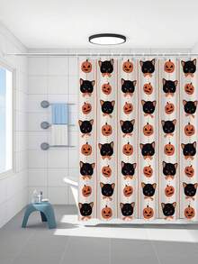1pc Black Cat Pumpkin Halloween Pattern Waterproof Shower Curtain With Vertical Stripes, Suitable For Bathroom Partition Curtain With Hooks, Home Bathroom Decor Curtain, All Season Universal Shower Curtain - Multicolor - View 13