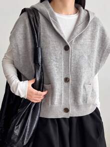 Women's Casual Loose Fit Hooded Cardigan Vest, Autumn Fall - Grey - View 4