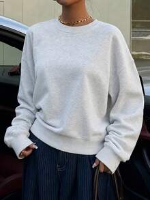女款寬鬆圓領長袖運動衫，適合日常穿著，羅紋針織套頭衫，打造街頭時尚造型 - 淺灰色 - 查看 6
