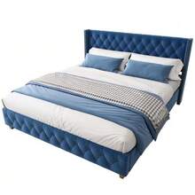 With Slatted Base And Headboard, Button Tufting, Rivet Decoration, Wooden Legs, Linen - 藍色 - 查看 1