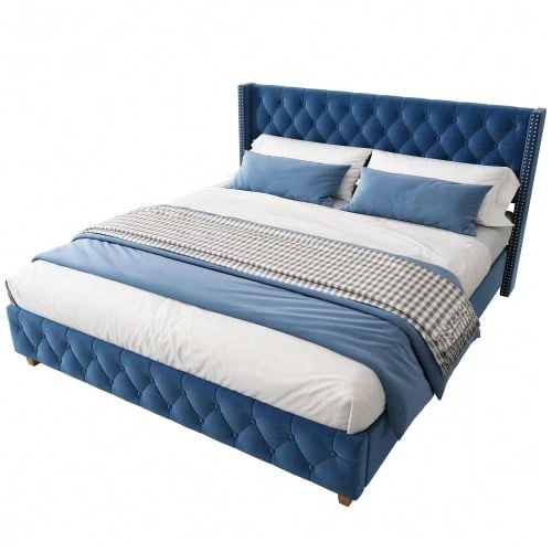 With Slatted Base And Headboard, Button Tufting, Rivet Decoration, Wooden Legs, Linen - 藍色 - 查看 1