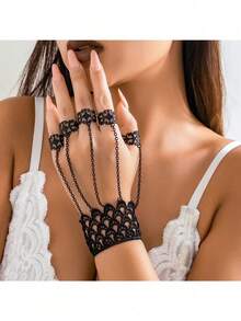 Gothic Black Lace Hand Chain Bracelet With Finger Rings Bracelet Vintage Punk Cosplay Party Hand Jewelry For Women - Black - View 10