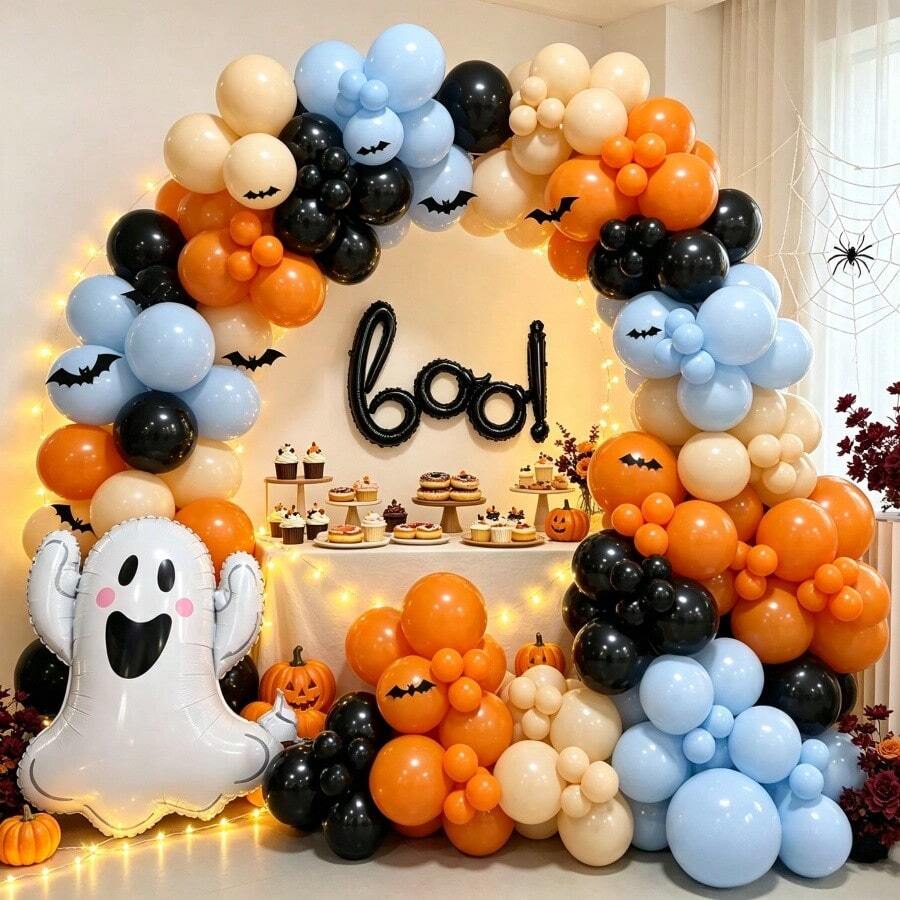 92Pcs Halloween Boo Themed Balloon Arch Garland Kit Little Boo Ghost Foil Balloons With 3D Bat Stickers For Spooky Birthday Halloween Boo Party Backdrop Decor - Multicolor - View 1