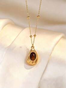 1pc 18K Stainless Steel Asymmetric Teardrop Tiger Eye Stone Pendant Necklace, Suitable As Mother's Day Gift - Gold - View 3