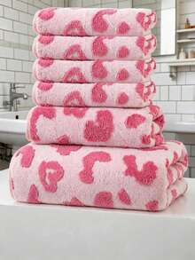 6/8/10PCS Pink Leopard Print Towels Set Ultra Soft Microfiber Absorbent Cute Animal Pattern Bath Towel Bundle Quick Dry Towels For Bathroom Spa Gym Pool - Dark Pink - View 2
