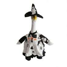 Porch Goose Halloween Costume, Ghost Print Ruffled Trim Dress And Hat 2 Pcs Set, Holiday Lawn Goose Outfits - Black - View 1