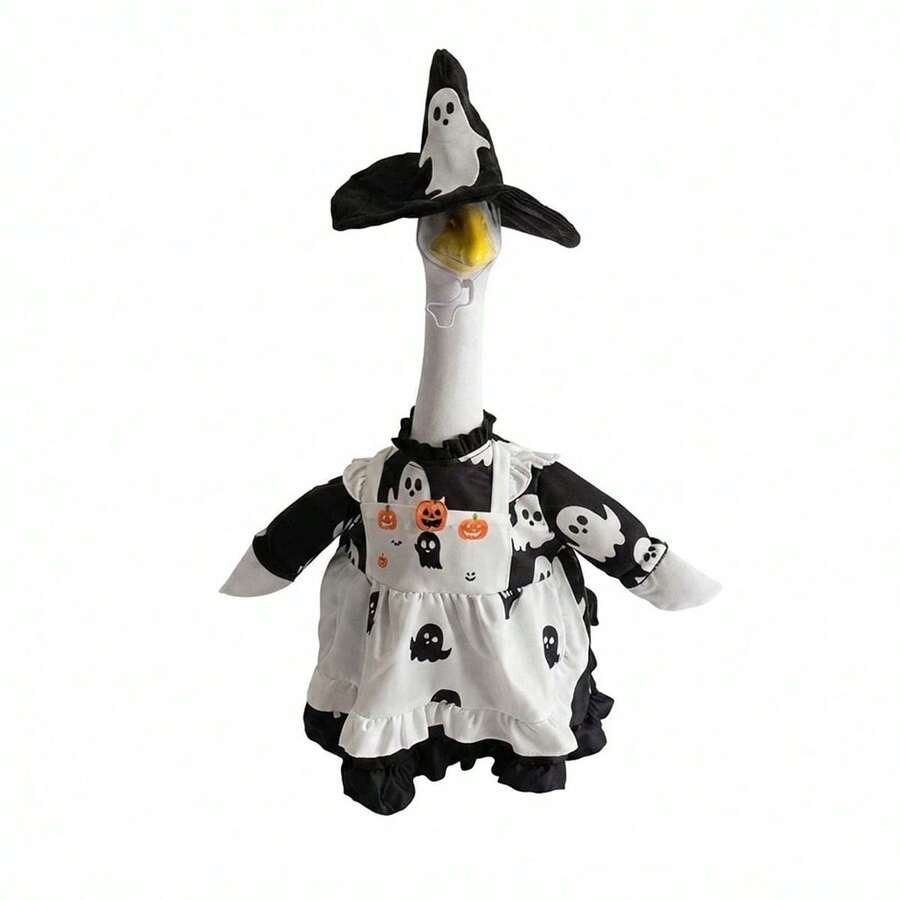 Porch Goose Halloween Costume, Ghost Print Ruffled Trim Dress And Hat 2 Pcs Set, Holiday Lawn Goose Outfits - Black - View 1