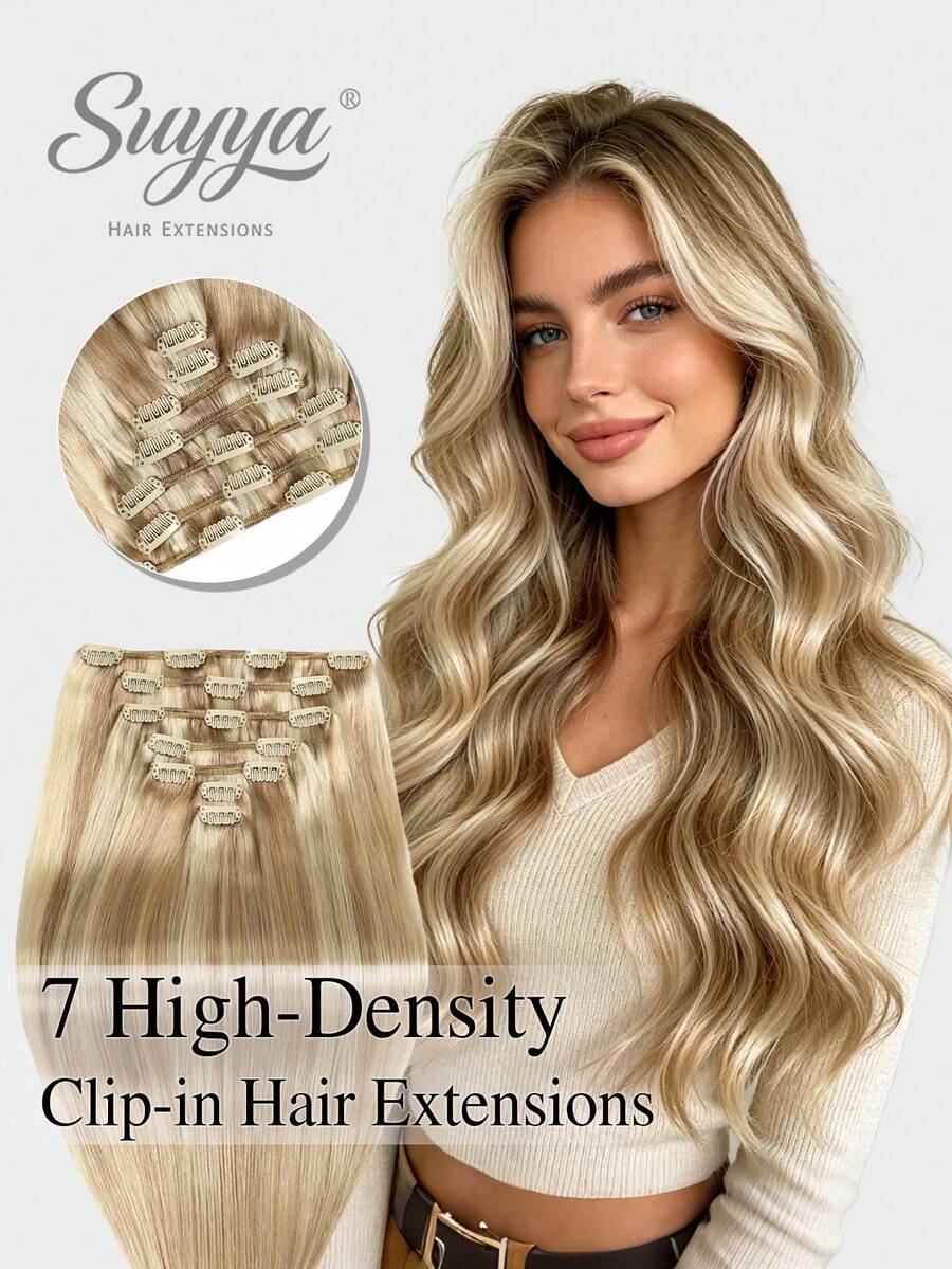 SUYYA 18inch 7pcs Per Set With 16 Clips Double Weft Clip In Hair Extensions Real Human Hair Straight 18/613# Ash Blonde Highlighted Bleach Blonde Clip In 100% Remy Human Hair Extensions - S18/613 - View 1