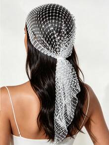 1pc Rhinestone Fishnet Headscarf, Crystal Fishnet Headwrap, Sparkling Rhinestone Mesh Long Tail Hair Cap, Party Bridal Styling Headpiece, Elastic Hairband, Luxury Black Rhinestone Mesh Headwrap Scarf - A - View 5