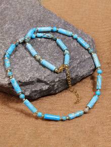 Natural Turquoise Bead Necklace - Symbol Of & Wisdom, Luck, Unique Design Bohemia Elegant Jewelry For Daily Chic Perfect Gift Birthdays/Anniversaries - Baby Blue - View 4