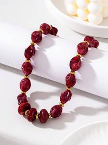Burgundy Marble Pattern Asymmetrical Acrylic Beaded Necklace With Vintage Gold Spacer Beads, Adjustable Choker - Wine Red Ombre - View 3